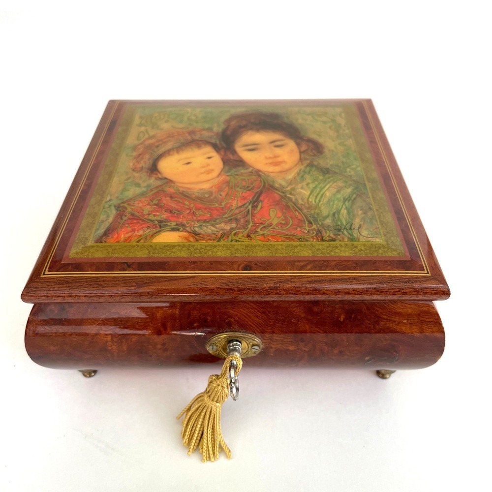 Vintage Reuge Swiss Jewelry Music Box Italian Burl Wood Asian Mother Child Art